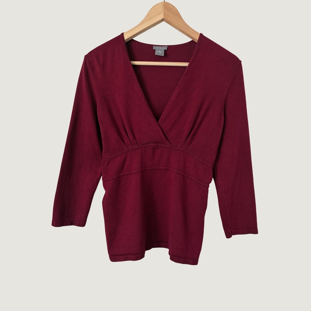 Ann Taylor Womens Burgundy V-Neck Empire Waist Long Sleeve Knit Sweater Size M